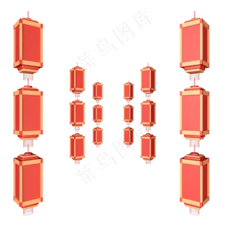 C4D年货节珊瑚红立体排列长方形灯,免抠元素