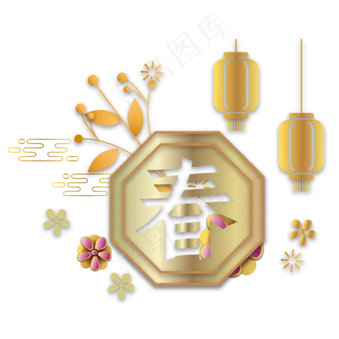 传统金色新年剪纸装饰,免抠元素
