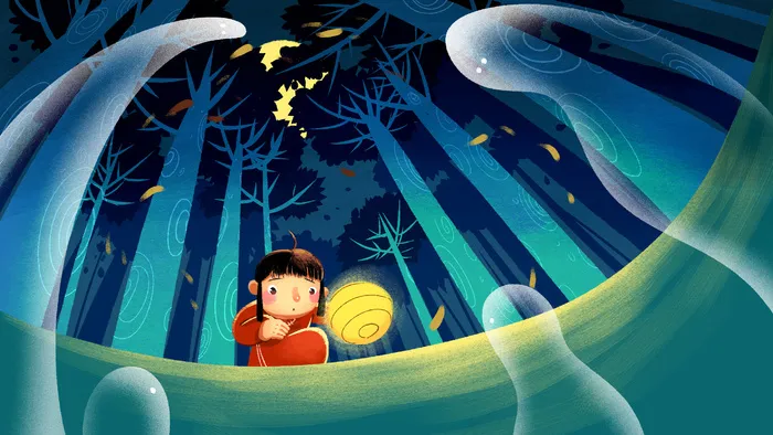 蓝色系卡通手绘风中元节配图(2880*1620px 300 dpi )