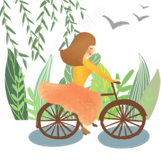 春分骑自行车的小女孩,免抠元素