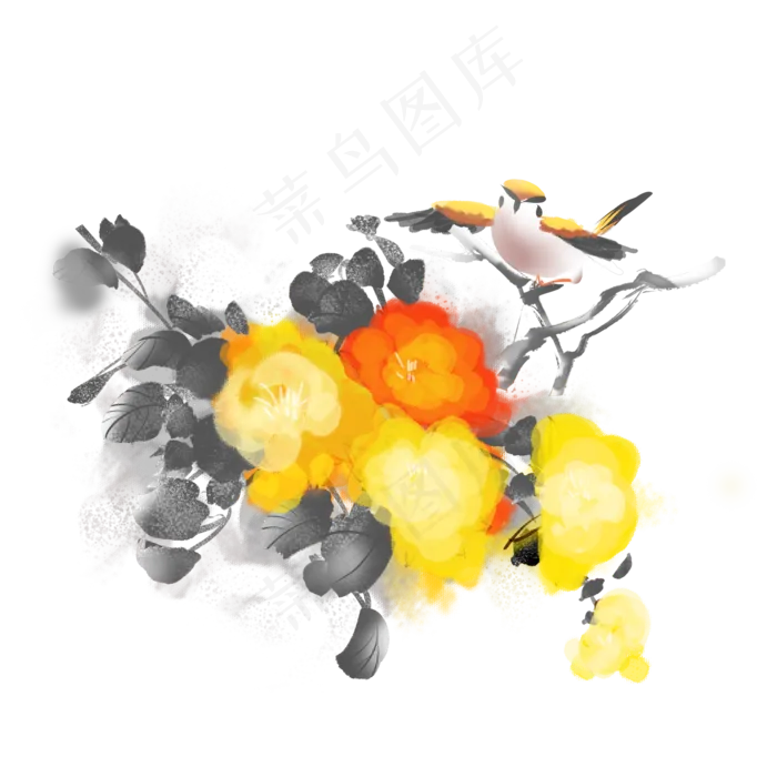 国画水墨风花朵麻雀png,免抠元素