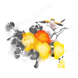 国画水墨风花朵麻雀png,免抠元素