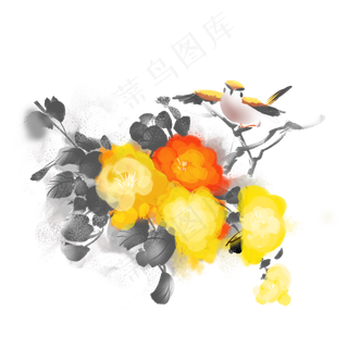 国画水墨风花朵麻雀png,免抠元素