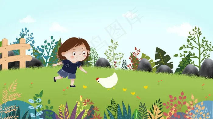 草地上喂鸡的小孩(2880*1620px 300 dpi )psd模版下载
