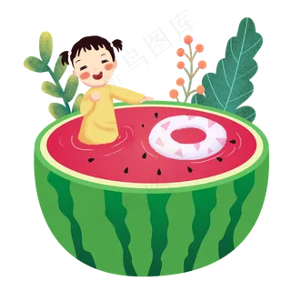 大暑女孩在西瓜里游泳素材