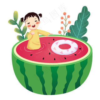 大暑女孩在西瓜里游泳素材