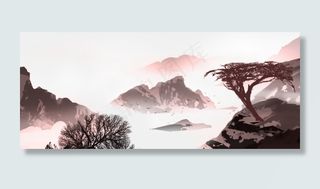 云海缥缈水墨山水暗红色调子