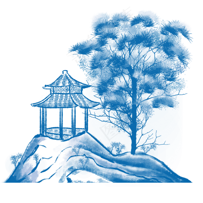 水墨古风凉亭山水风景(2000X2000(DPI:300))psd模版下载