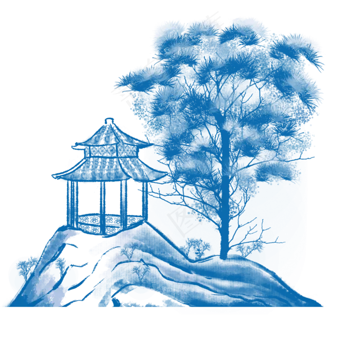 水墨古风凉亭山水风景(2000X2000(DPI:300))psd模版下载