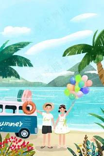 情侣自驾游海边度假小清新