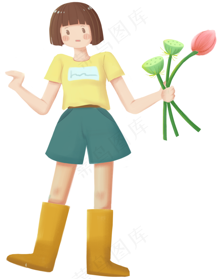 拿着荷花莲蓬的卡通女孩