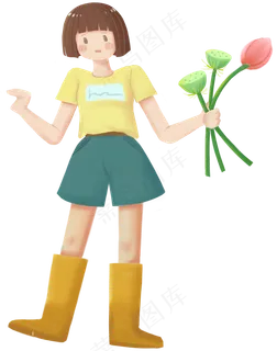 拿着荷花莲蓬的卡通女孩