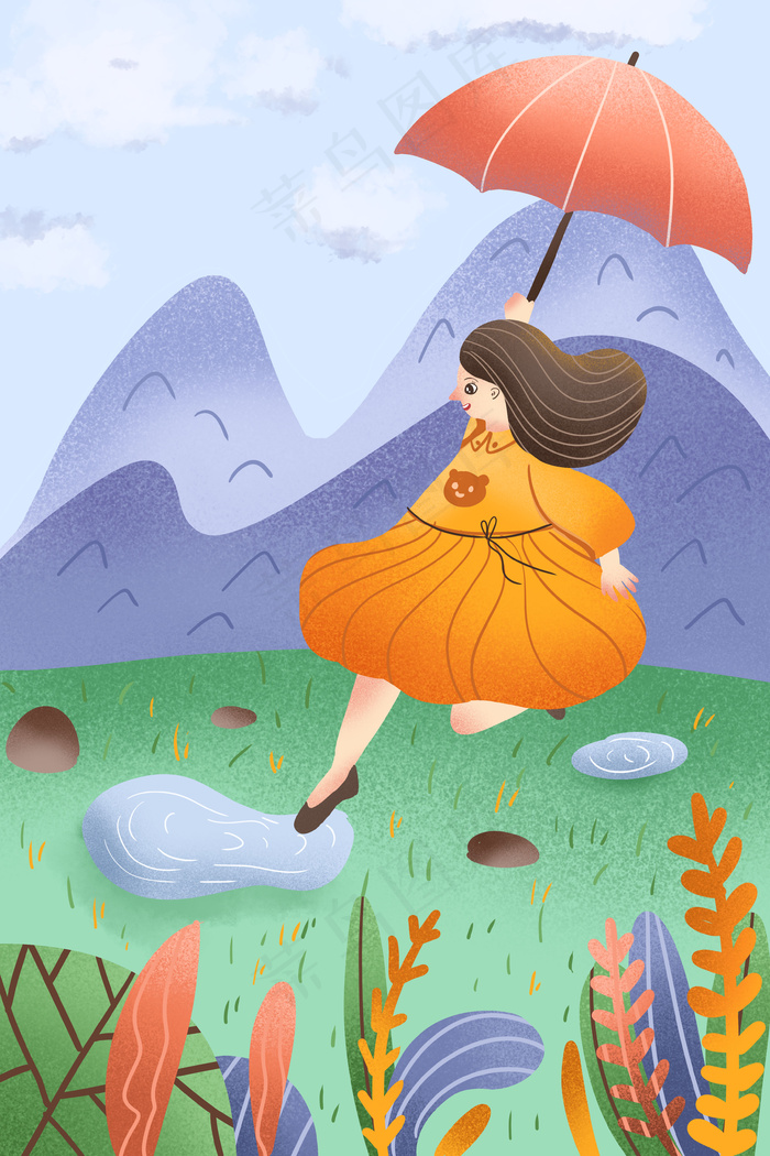 春季卡通可爱节气春分女孩打伞配图
