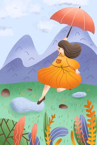 春季卡通可爱节气春分女孩打伞配图