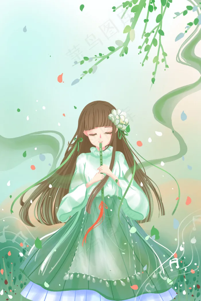 唯美卡通治愈绿色春季清明节少女吹箫(3545X5315(DPI:300))psd模版下载