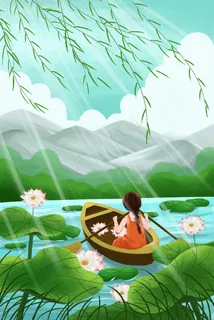 夏天夏日女孩采荷花荷叶大暑夏至初夏节气