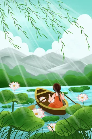 夏天夏日女孩采荷花荷叶大暑夏至初夏节气