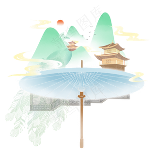 中国古风水彩山水装饰青山远景,免抠元素