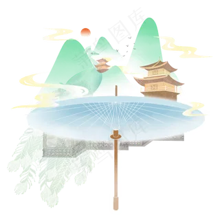 中国古风水彩山水装饰青山远景,免抠元素