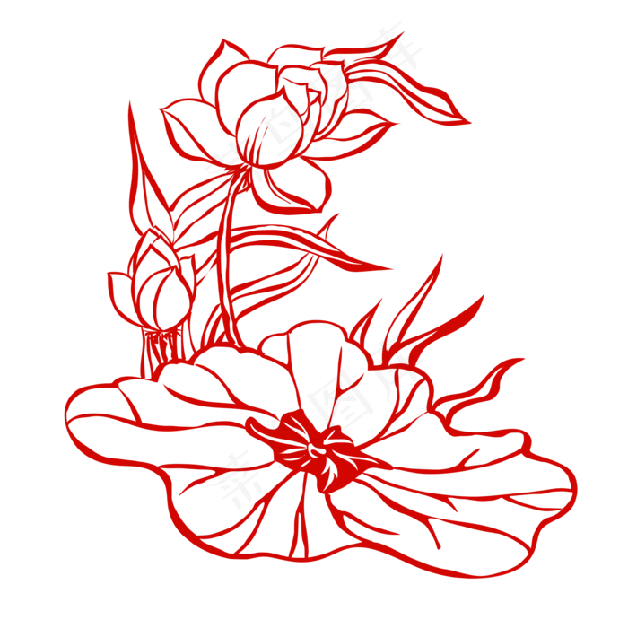 红色荷花荷叶装饰图案(2000X2000(DPI:299))psd模版下载