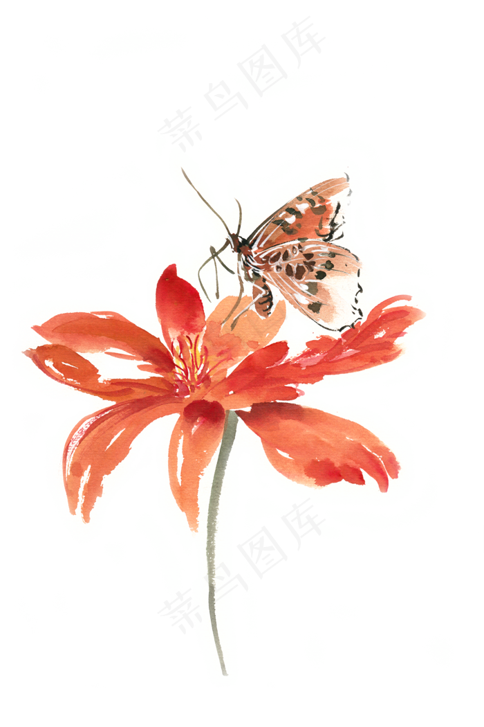 水彩花卉红色花与蝴蝶(4724X7087(DPI:300))psd模版下载