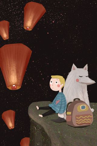 星空下看孔明灯的小男孩