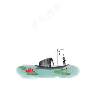 水墨荷花池小船png