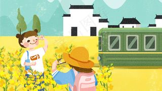 春天油菜花花丛出游郊游乡村徽派建筑