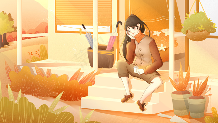 橙色黄色秋天立秋扁平噪点女孩居家夕阳阳光