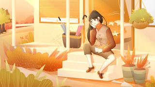 橙色黄色秋天立秋扁平噪点女孩居家夕阳阳光