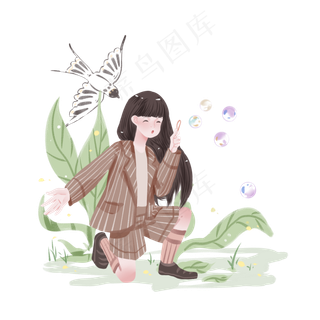 春分吹泡泡的小女孩,免抠元素