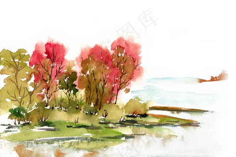 水彩画秋江岸边