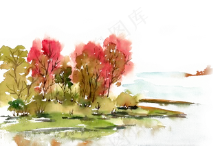 水彩画秋江岸边
