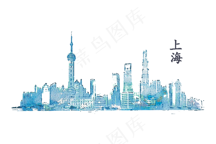 手绘水彩城市插画,免抠元素