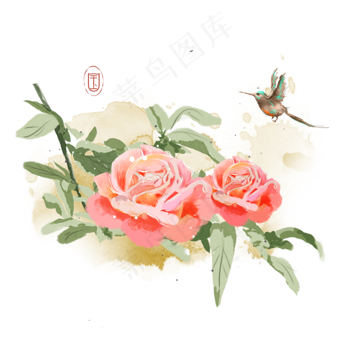 水墨花鸟清新花朵素材,免抠元素(2000X2000(DPI:300))psd模版下载