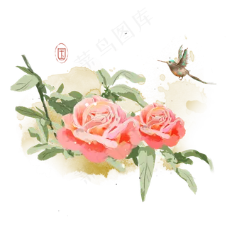 水墨花鸟清新花朵素材,免抠元素
