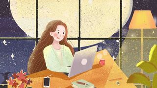 治愈系月夜夜晚加班上班族工作玩电脑
