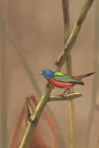 油画风景中国风鸟竹