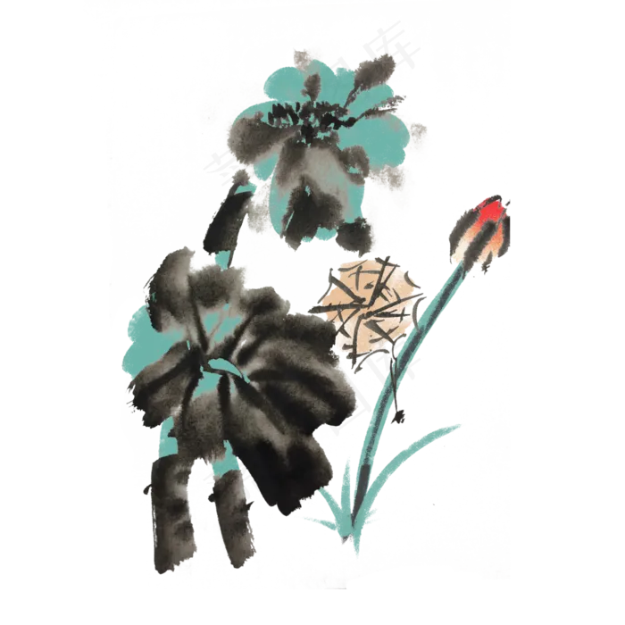 水墨荷花手绘装饰图案(3545X5315(DPI:300))psd模版下载