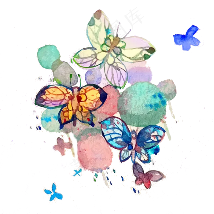 蝴蝶翅膀水彩PNG透明缤纷,免抠元素(3000X3000(DPI:300))psd模版下载