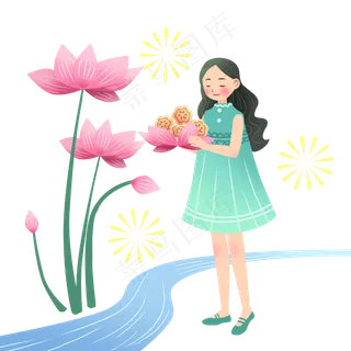 中秋节拿着月饼女孩