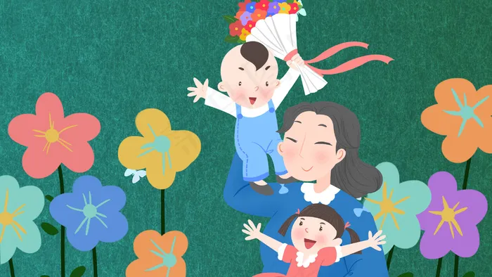 卡通手绘风母亲节母子母女配图(2880*1620px 300 dpi )psd模版下载