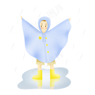 二十四节气雨水穿雨衣的小男孩玩,免抠元素