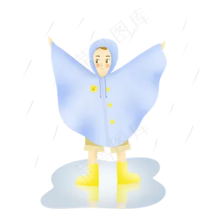 二十四节气雨水穿雨衣的小男孩玩,免抠元素