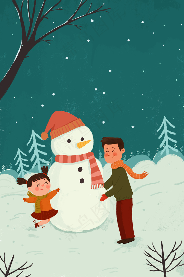 冬季堆雪人儿童插画插画
