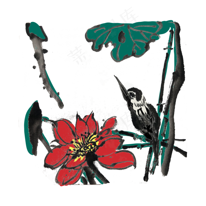 夏季水墨荷花手绘素材