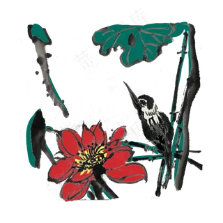 夏季水墨荷花手绘素材