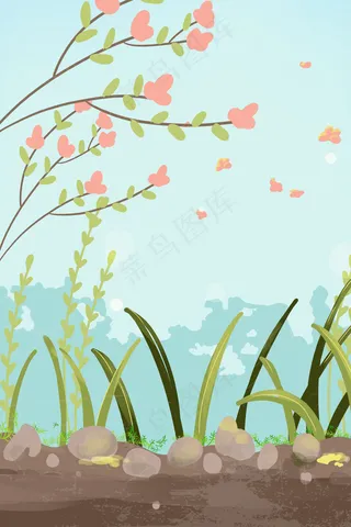 春天桃花柳枝乡间小路上随风飘落的花瓣