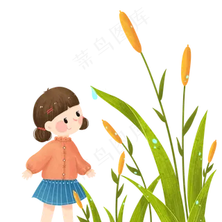 白露节气女孩绿色卡通手绘PNG元素,免抠元素