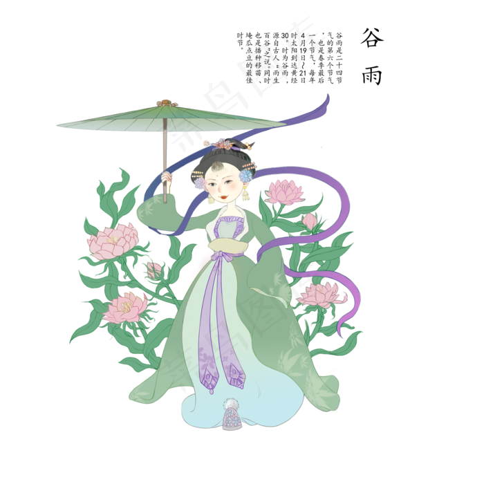 谷雨打伞的女孩和植物
